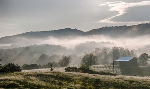 Barn at sunrise in fog